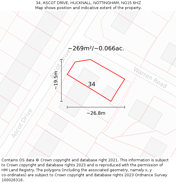 34, ASCOT DRIVE, HUCKNALL, NOTTINGHAM, NG15 6HZ: Plot and title map