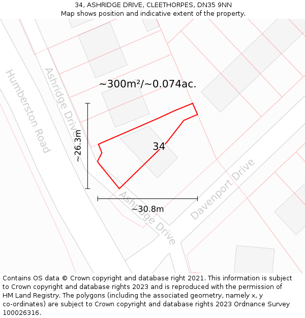 34, ASHRIDGE DRIVE, CLEETHORPES, DN35 9NN: Plot and title map