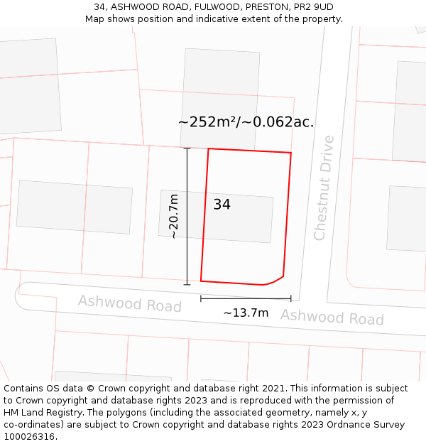 34, ASHWOOD ROAD, FULWOOD, PRESTON, PR2 9UD: Plot and title map