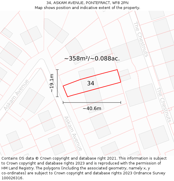 34, ASKAM AVENUE, PONTEFRACT, WF8 2PN: Plot and title map