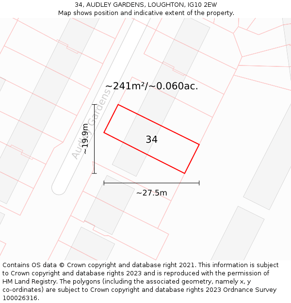 34, AUDLEY GARDENS, LOUGHTON, IG10 2EW: Plot and title map
