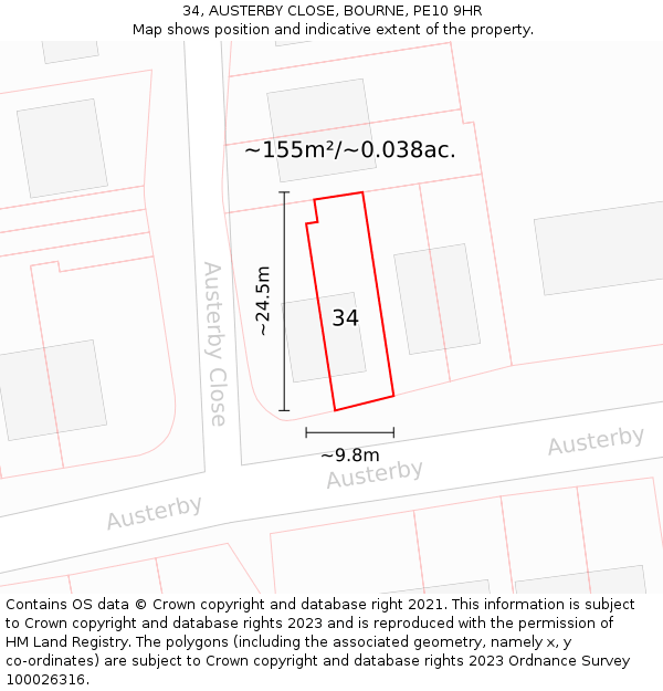 34, AUSTERBY CLOSE, BOURNE, PE10 9HR: Plot and title map