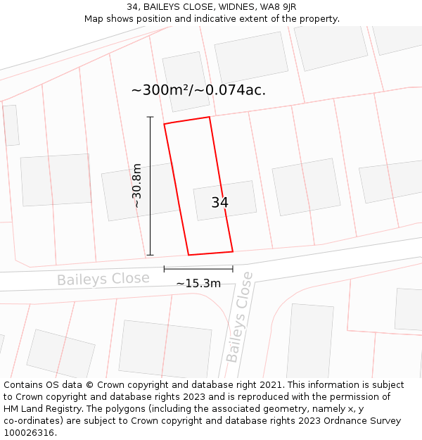 34, BAILEYS CLOSE, WIDNES, WA8 9JR: Plot and title map