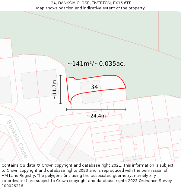 34, BANKSIA CLOSE, TIVERTON, EX16 6TT: Plot and title map