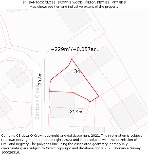 34, BANTOCK CLOSE, BROWNS WOOD, MILTON KEYNES, MK7 8DS: Plot and title map