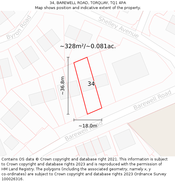 34, BAREWELL ROAD, TORQUAY, TQ1 4PA: Plot and title map