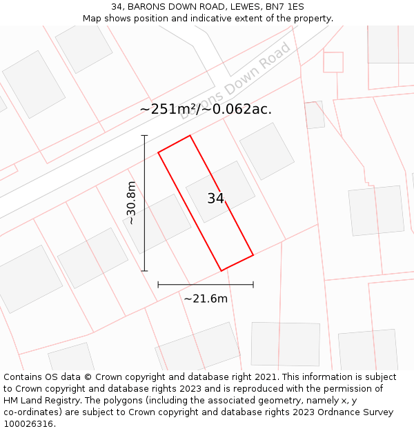 34, BARONS DOWN ROAD, LEWES, BN7 1ES: Plot and title map