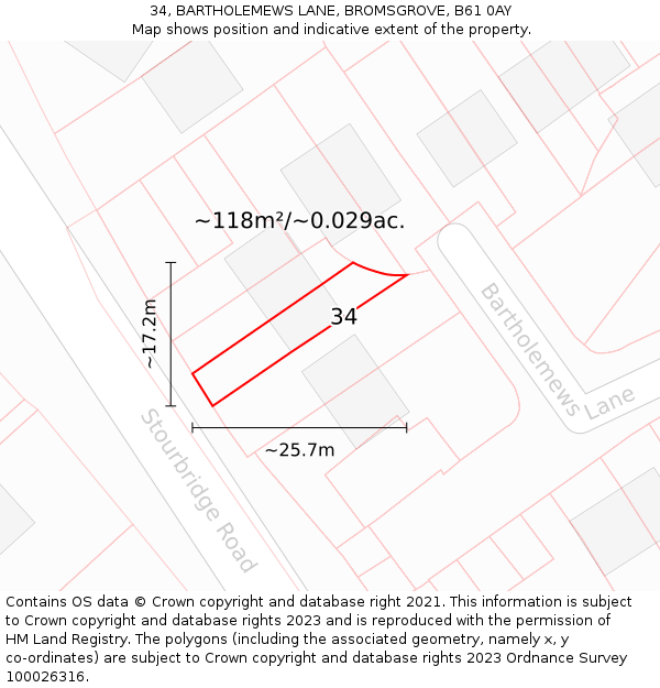 34, BARTHOLEMEWS LANE, BROMSGROVE, B61 0AY: Plot and title map