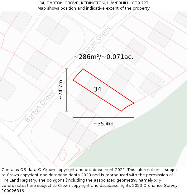 34, BARTON GROVE, KEDINGTON, HAVERHILL, CB9 7PT: Plot and title map