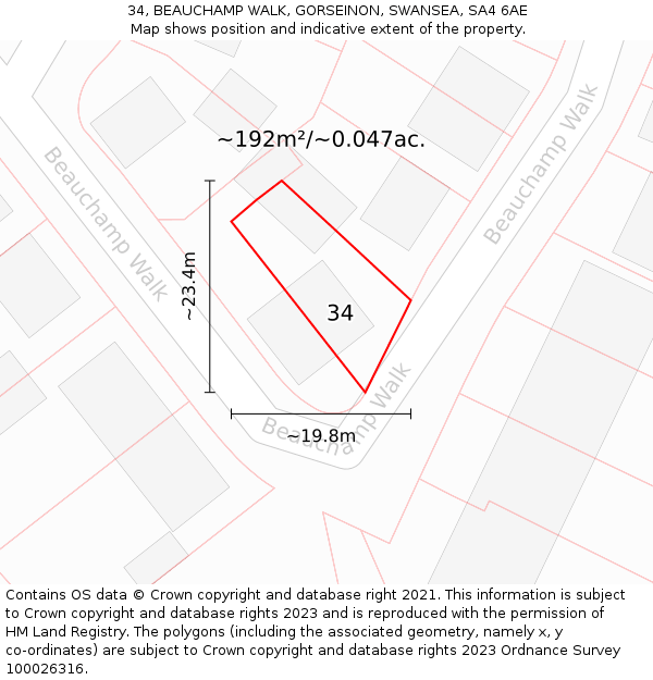 34, BEAUCHAMP WALK, GORSEINON, SWANSEA, SA4 6AE: Plot and title map