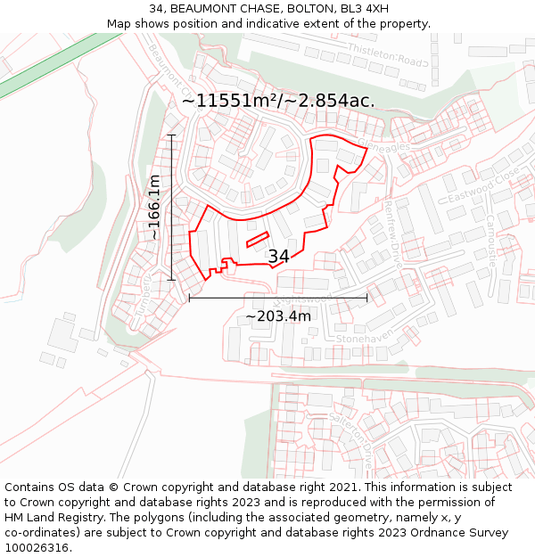 34, BEAUMONT CHASE, BOLTON, BL3 4XH: Plot and title map