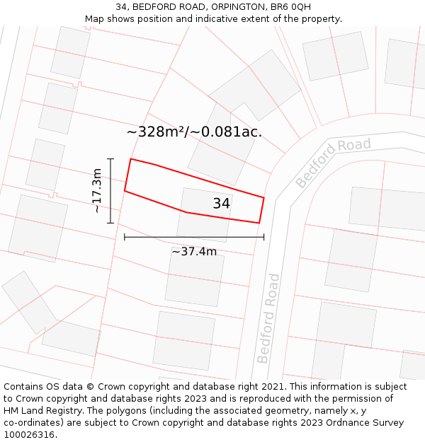 34, BEDFORD ROAD, ORPINGTON, BR6 0QH: Plot and title map