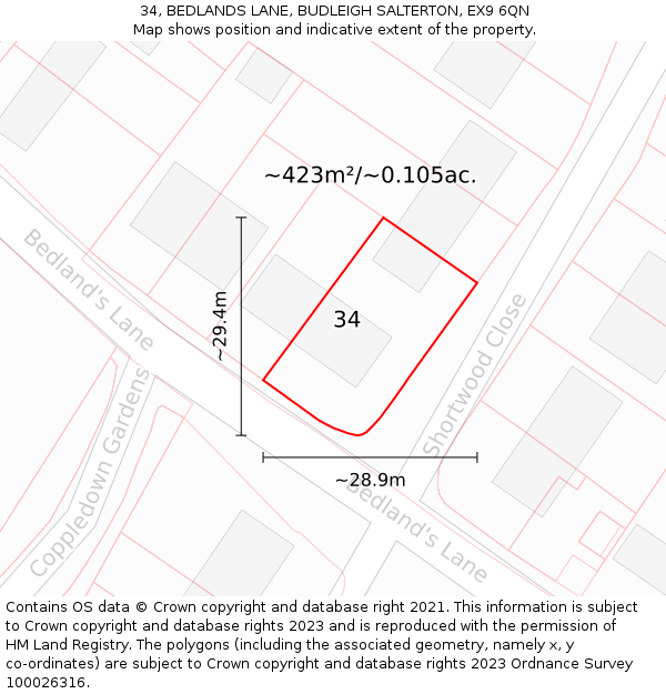 34, BEDLANDS LANE, BUDLEIGH SALTERTON, EX9 6QN: Plot and title map