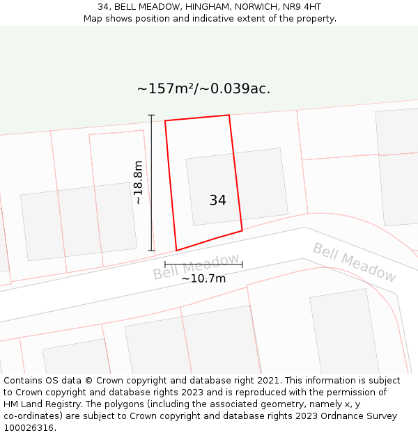 34, BELL MEADOW, HINGHAM, NORWICH, NR9 4HT: Plot and title map