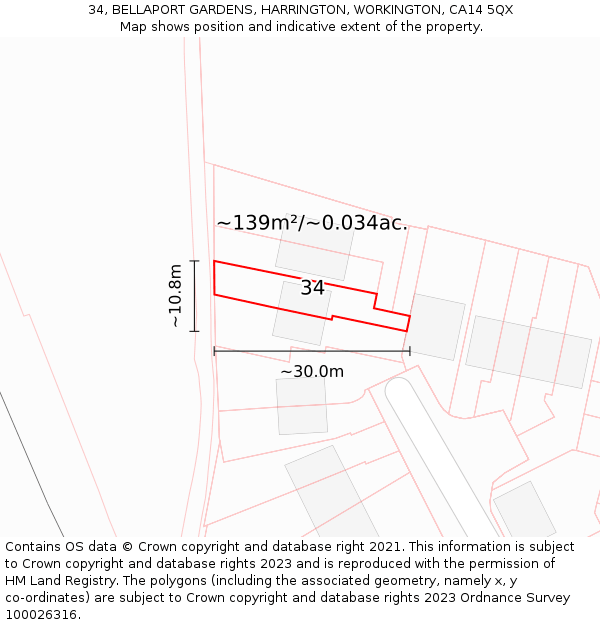 34, BELLAPORT GARDENS, HARRINGTON, WORKINGTON, CA14 5QX: Plot and title map