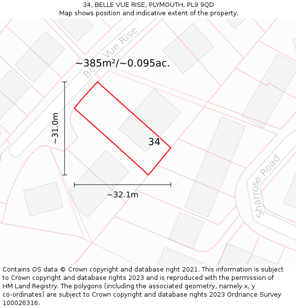 34, BELLE VUE RISE, PLYMOUTH, PL9 9QD: Plot and title map