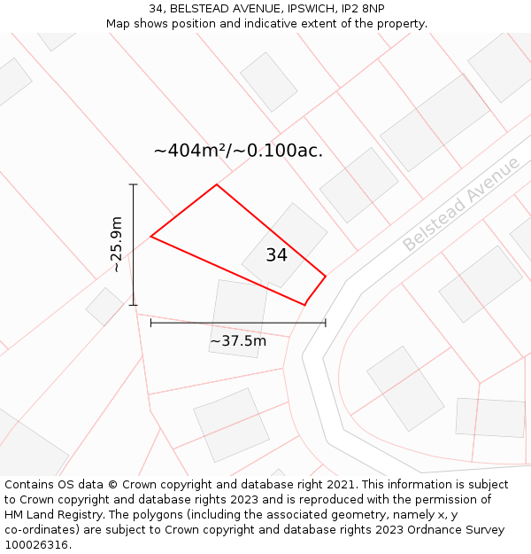 34, BELSTEAD AVENUE, IPSWICH, IP2 8NP: Plot and title map