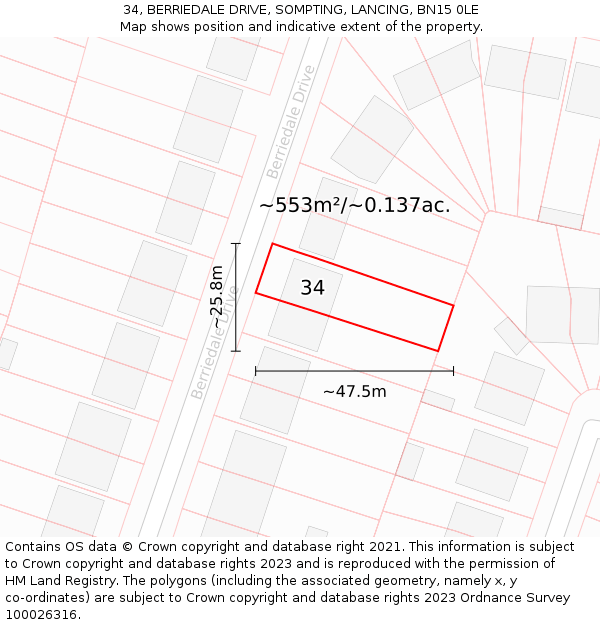 34, BERRIEDALE DRIVE, SOMPTING, LANCING, BN15 0LE: Plot and title map