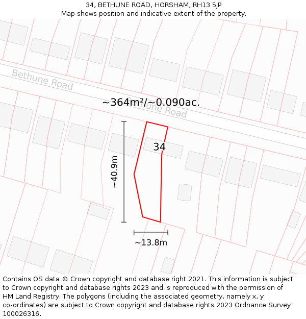 34, BETHUNE ROAD, HORSHAM, RH13 5JP: Plot and title map