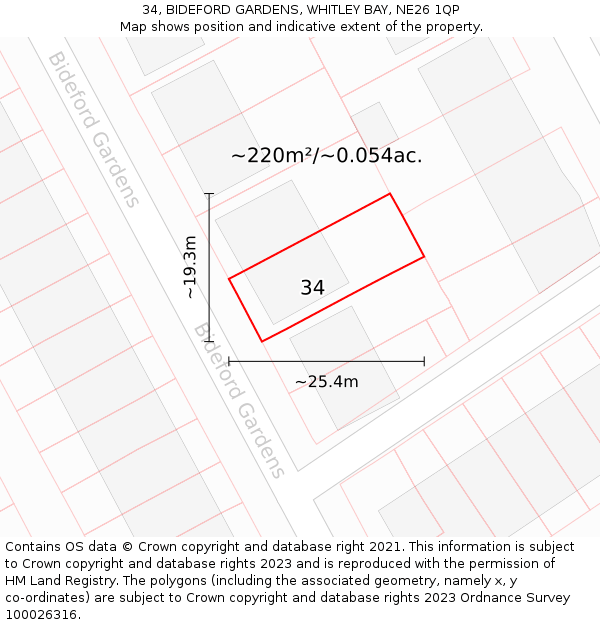 34, BIDEFORD GARDENS, WHITLEY BAY, NE26 1QP: Plot and title map