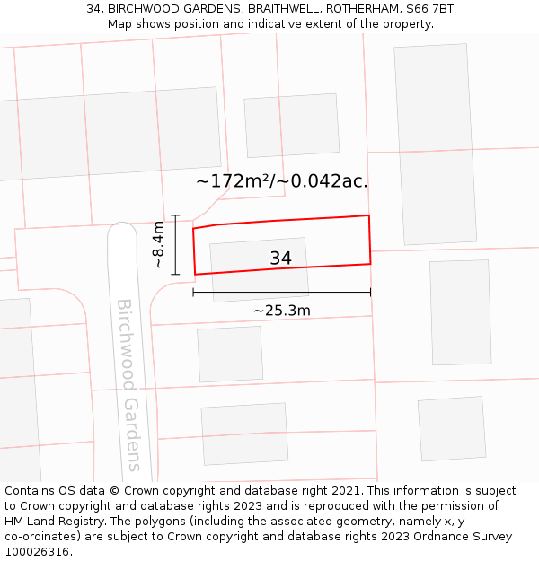 34, BIRCHWOOD GARDENS, BRAITHWELL, ROTHERHAM, S66 7BT: Plot and title map
