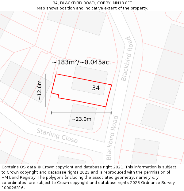 34, BLACKBIRD ROAD, CORBY, NN18 8FE: Plot and title map