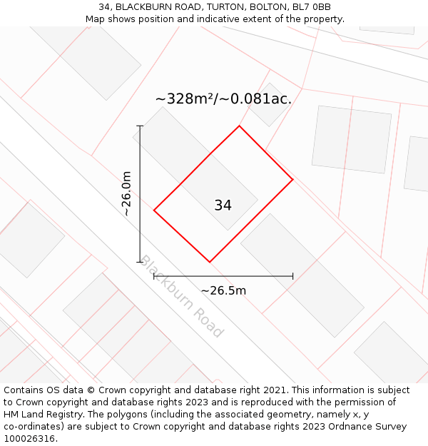 34, BLACKBURN ROAD, TURTON, BOLTON, BL7 0BB: Plot and title map