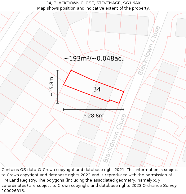 34, BLACKDOWN CLOSE, STEVENAGE, SG1 6AX: Plot and title map