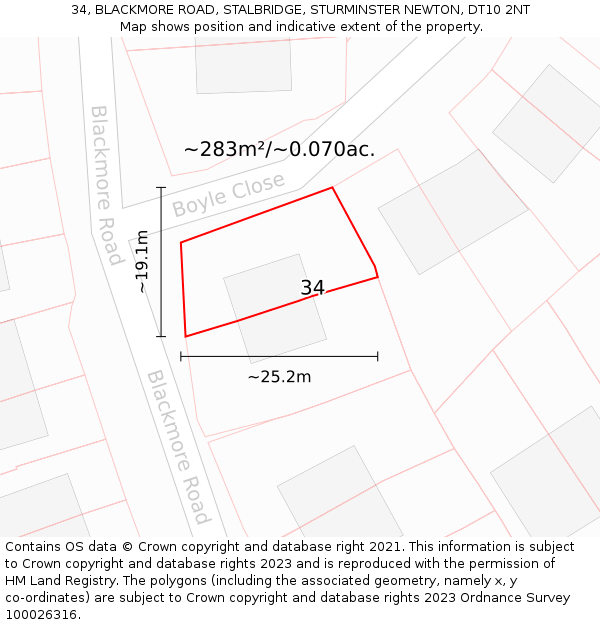 34, BLACKMORE ROAD, STALBRIDGE, STURMINSTER NEWTON, DT10 2NT: Plot and title map