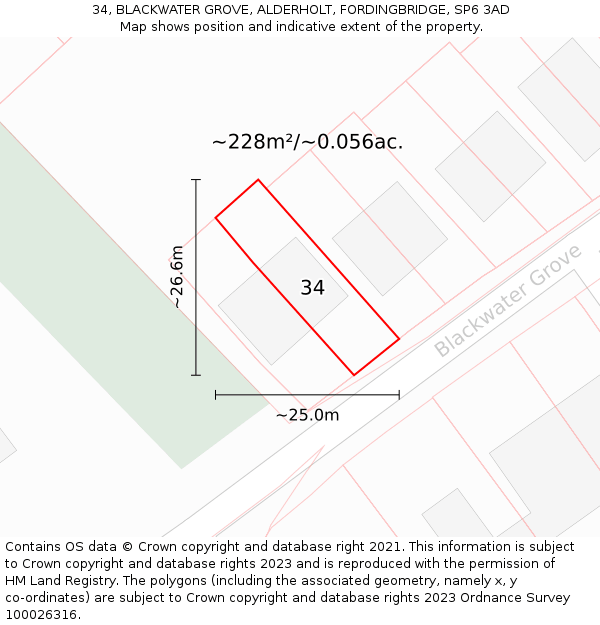 34, BLACKWATER GROVE, ALDERHOLT, FORDINGBRIDGE, SP6 3AD: Plot and title map