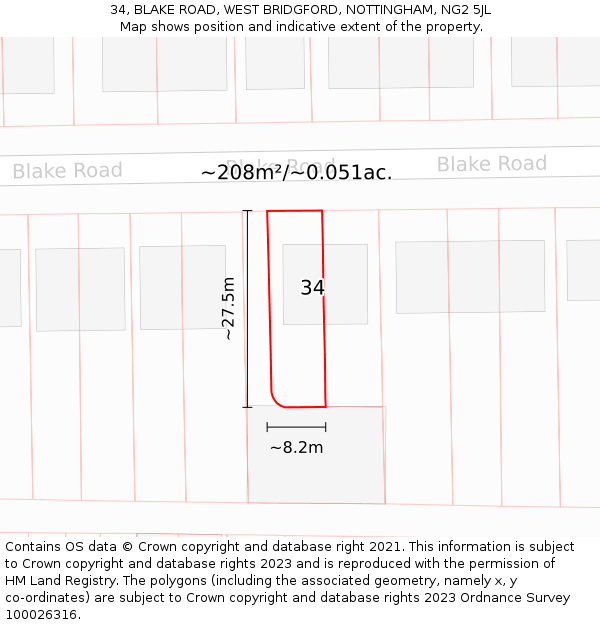 34, BLAKE ROAD, WEST BRIDGFORD, NOTTINGHAM, NG2 5JL: Plot and title map