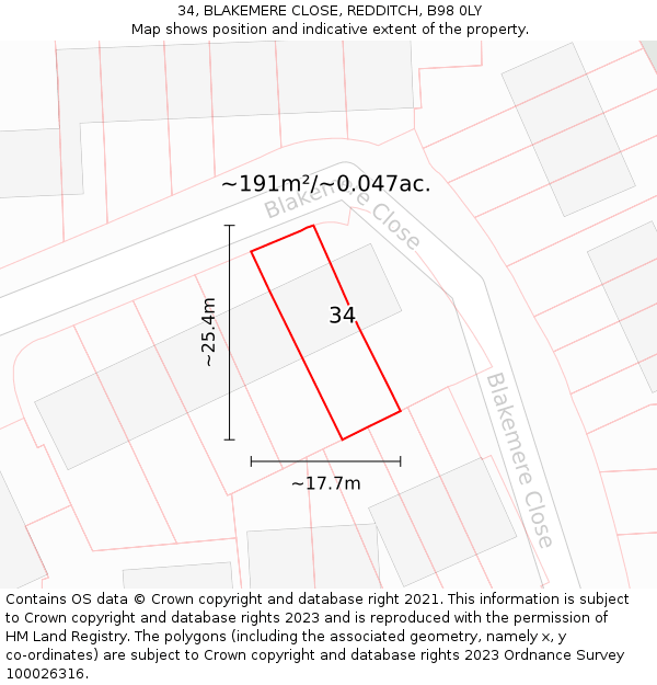 34, BLAKEMERE CLOSE, REDDITCH, B98 0LY: Plot and title map