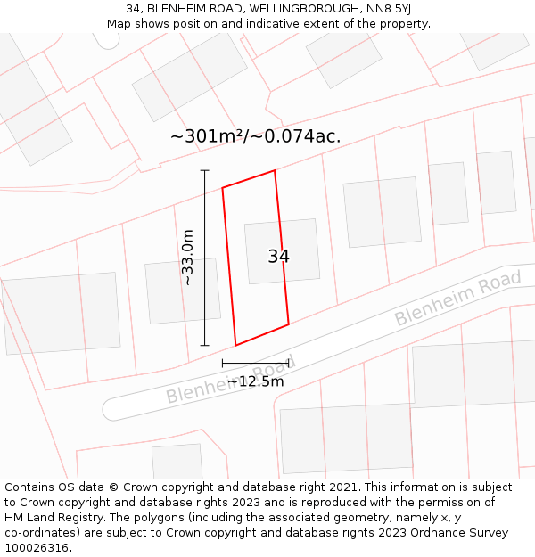 34, BLENHEIM ROAD, WELLINGBOROUGH, NN8 5YJ: Plot and title map