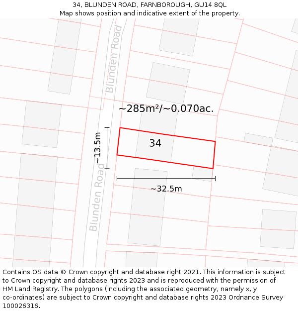 34, BLUNDEN ROAD, FARNBOROUGH, GU14 8QL: Plot and title map