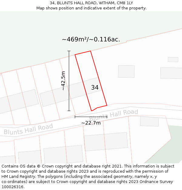 34, BLUNTS HALL ROAD, WITHAM, CM8 1LY: Plot and title map