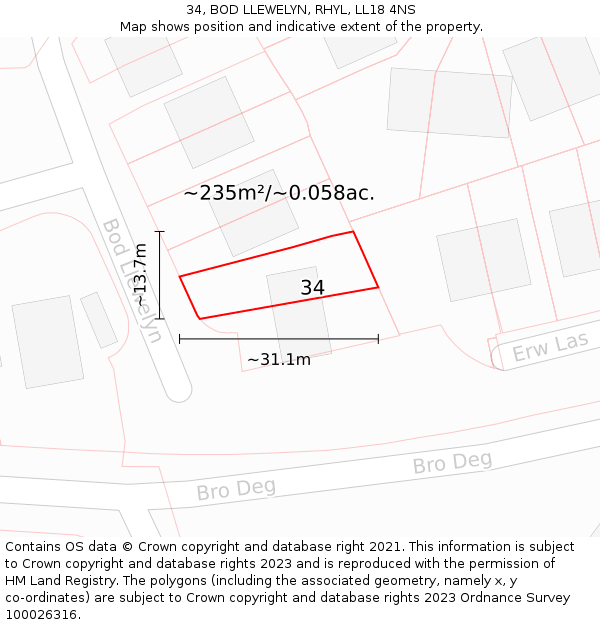 34, BOD LLEWELYN, RHYL, LL18 4NS: Plot and title map