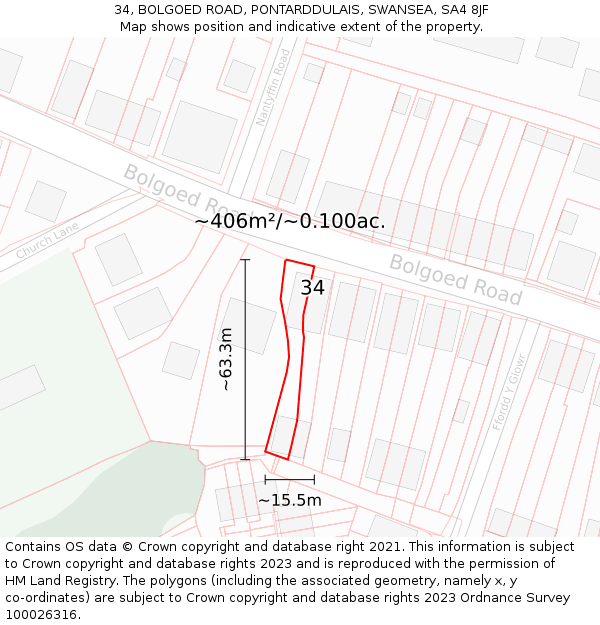 34, BOLGOED ROAD, PONTARDDULAIS, SWANSEA, SA4 8JF: Plot and title map