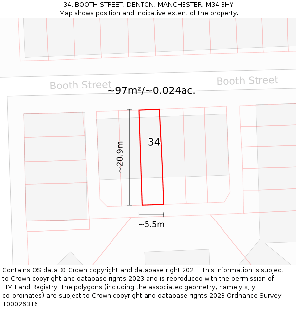 34, BOOTH STREET, DENTON, MANCHESTER, M34 3HY: Plot and title map