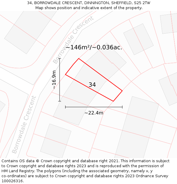 34, BORROWDALE CRESCENT, DINNINGTON, SHEFFIELD, S25 2TW: Plot and title map