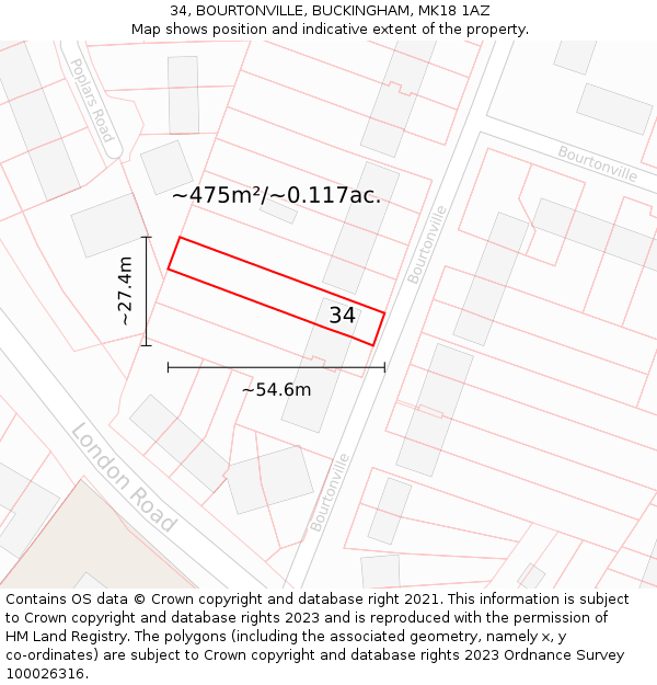 34, BOURTONVILLE, BUCKINGHAM, MK18 1AZ: Plot and title map