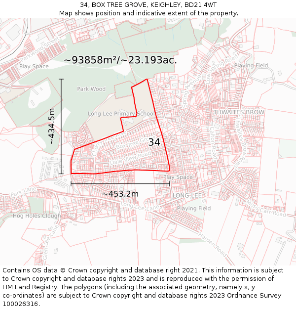 34, BOX TREE GROVE, KEIGHLEY, BD21 4WT: Plot and title map