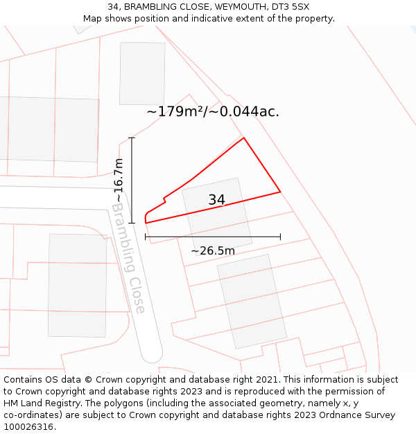 34, BRAMBLING CLOSE, WEYMOUTH, DT3 5SX: Plot and title map