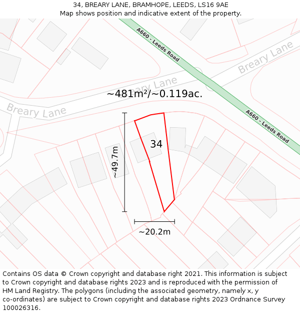 34, BREARY LANE, BRAMHOPE, LEEDS, LS16 9AE: Plot and title map