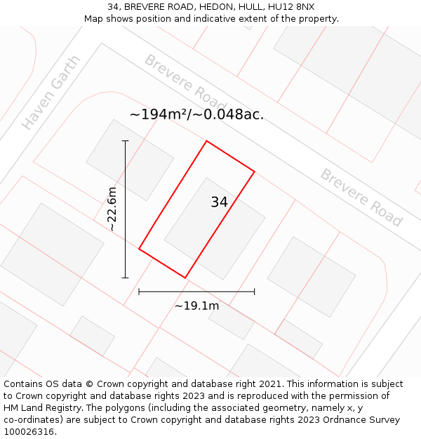 34, BREVERE ROAD, HEDON, HULL, HU12 8NX: Plot and title map