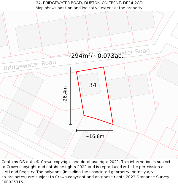 34, BRIDGEWATER ROAD, BURTON-ON-TRENT, DE14 2GD: Plot and title map