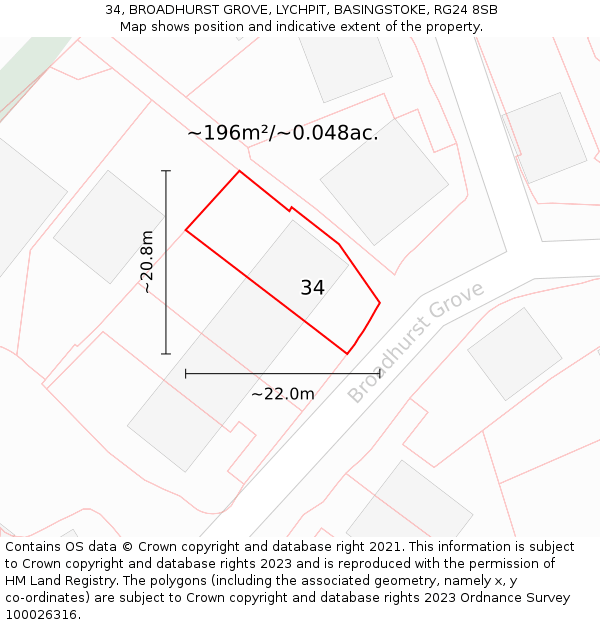 34, BROADHURST GROVE, LYCHPIT, BASINGSTOKE, RG24 8SB: Plot and title map