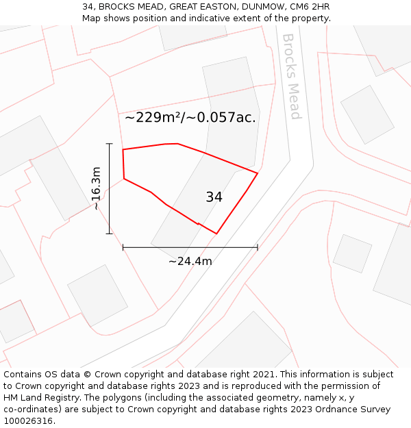 34, BROCKS MEAD, GREAT EASTON, DUNMOW, CM6 2HR: Plot and title map