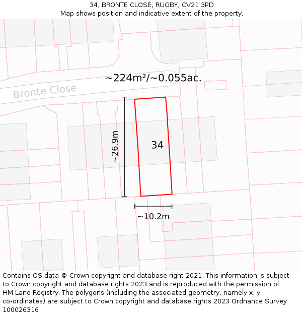 34, BRONTE CLOSE, RUGBY, CV21 3PD: Plot and title map