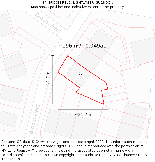 34, BROOM FIELD, LIGHTWATER, GU18 5QN: Plot and title map