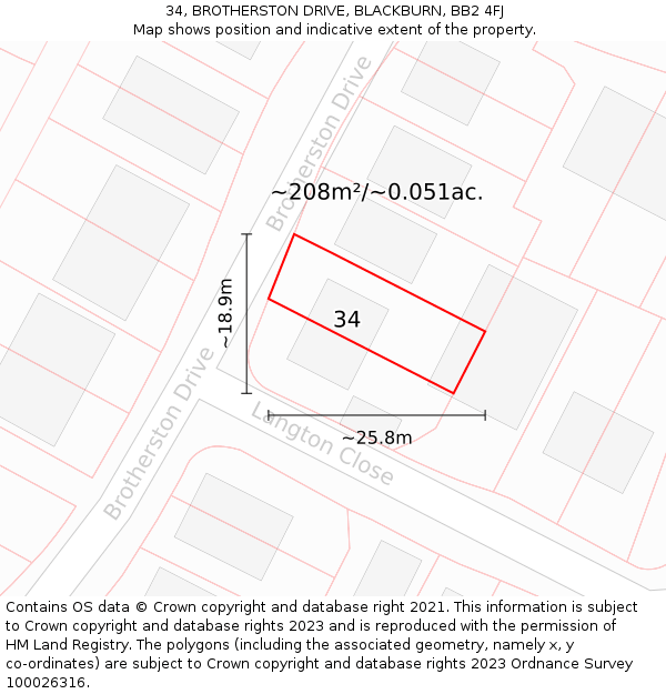 34, BROTHERSTON DRIVE, BLACKBURN, BB2 4FJ: Plot and title map